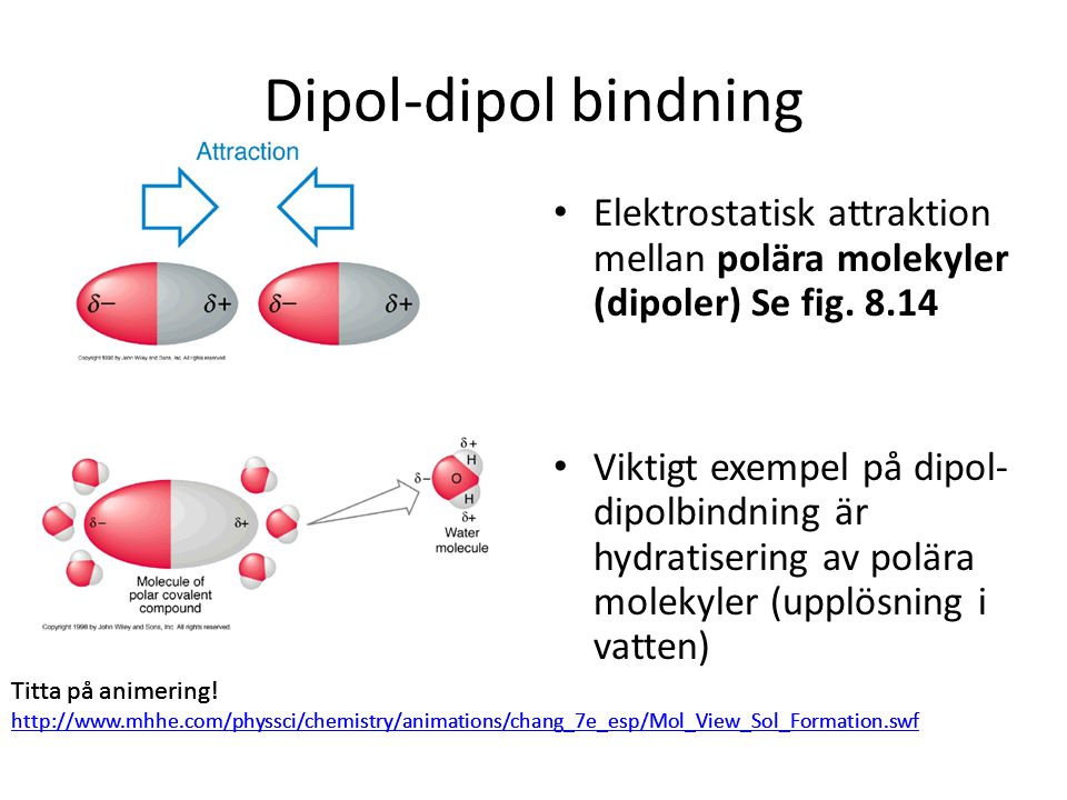 Dipol-dipol bindning Elektrostatisk attraktion mellan polära molekyler (dipoler) Se fig
