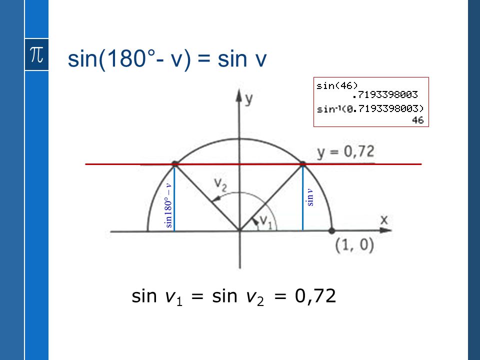 sin(180°- v) = sin v sin v1 = sin v2 = 0,72