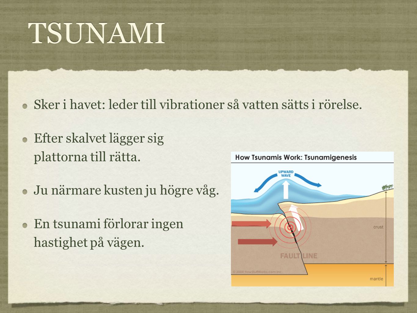 TSUNAMI Sker i havet: leder till vibrationer så vatten sätts i rörelse. Efter skalvet lägger sig plattorna till rätta.