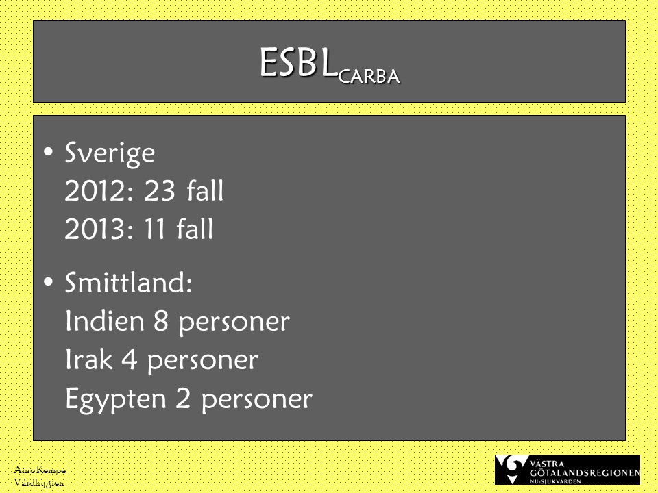 ESBLCARBA Sverige 2012: 23 fall 2013: 11 fall Smittland: