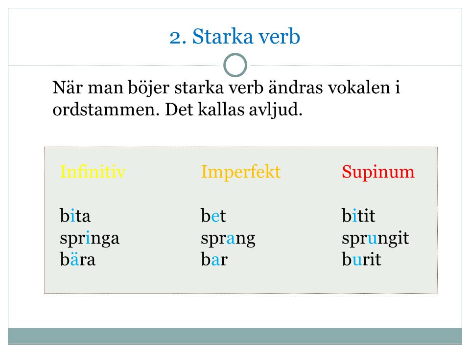 2. Starka verb När man böjer starka verb ändras vokalen i ordstammen. Det kallas avljud. Infinitiv Imperfekt Supinum.