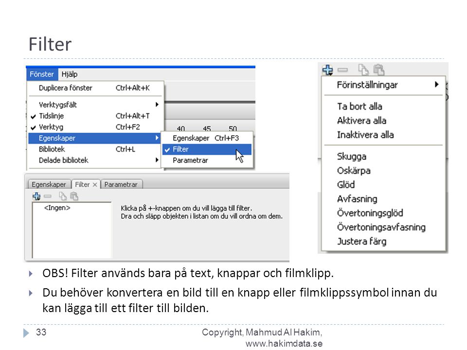 Filter OBS! Filter används bara på text, knappar och filmklipp.