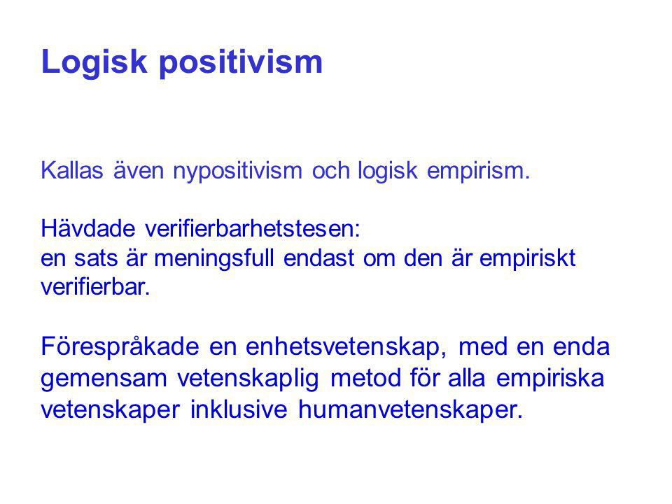 Logisk positivism Kallas även nypositivism och logisk empirism. Hävdade verifierbarhetstesen: