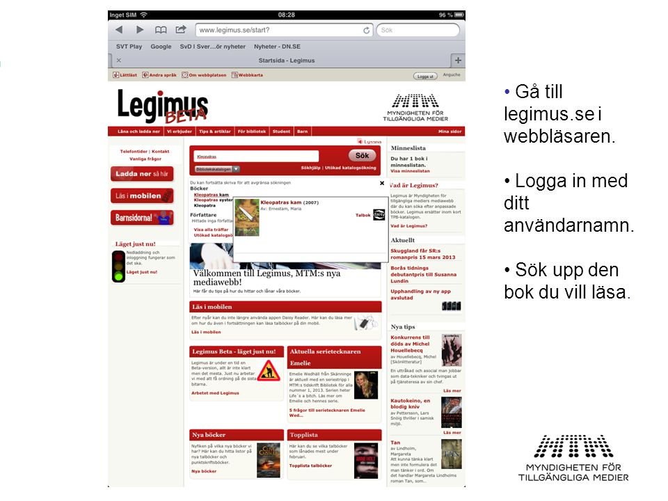 Gå till legimus.se i webbläsaren.