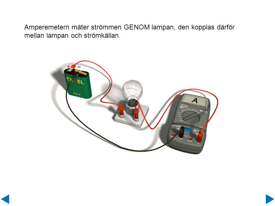 Amperemetern mäter strömmen GENOM lampan, den kopplas därför mellan lampan och strömkällan.