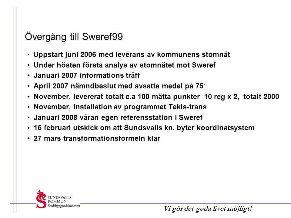 Övergång till Sweref99 Uppstart juni 2006 med leverans av kommunens stomnät. Under hösten första analys av stomnätet mot Sweref.