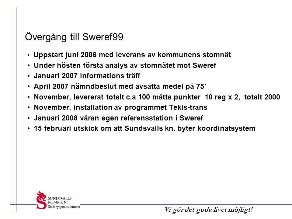 Övergång till Sweref99 Uppstart juni 2006 med leverans av kommunens stomnät. Under hösten första analys av stomnätet mot Sweref.