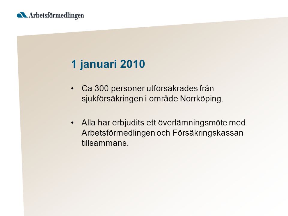 1 januari 2010 Ca 300 personer utförsäkrades från sjukförsäkringen i område Norrköping.