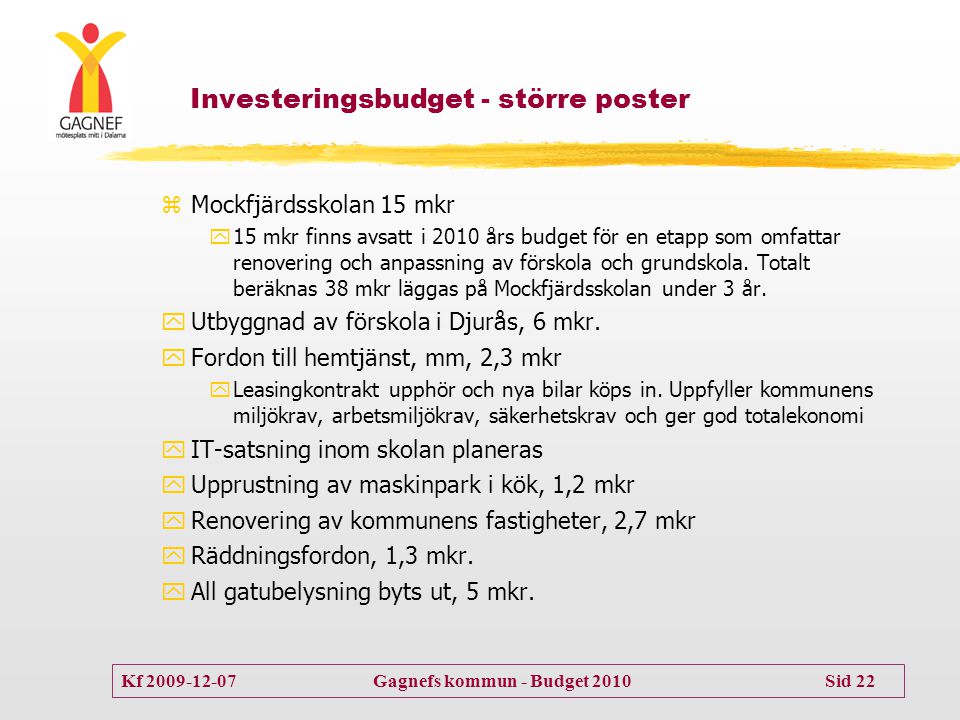 Investeringsbudget - större poster