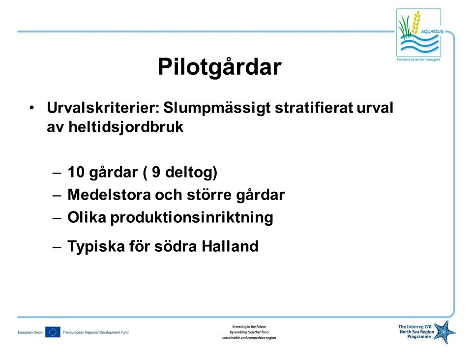 Pilotgårdar Urvalskriterier: Slumpmässigt stratifierat urval av heltidsjordbruk. 10 gårdar ( 9 deltog)