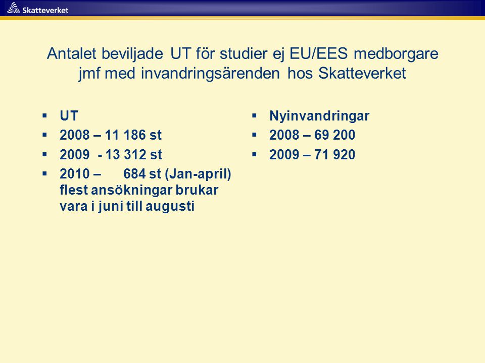 Antalet beviljade UT för studier ej EU/EES medborgare jmf med invandringsärenden hos Skatteverket