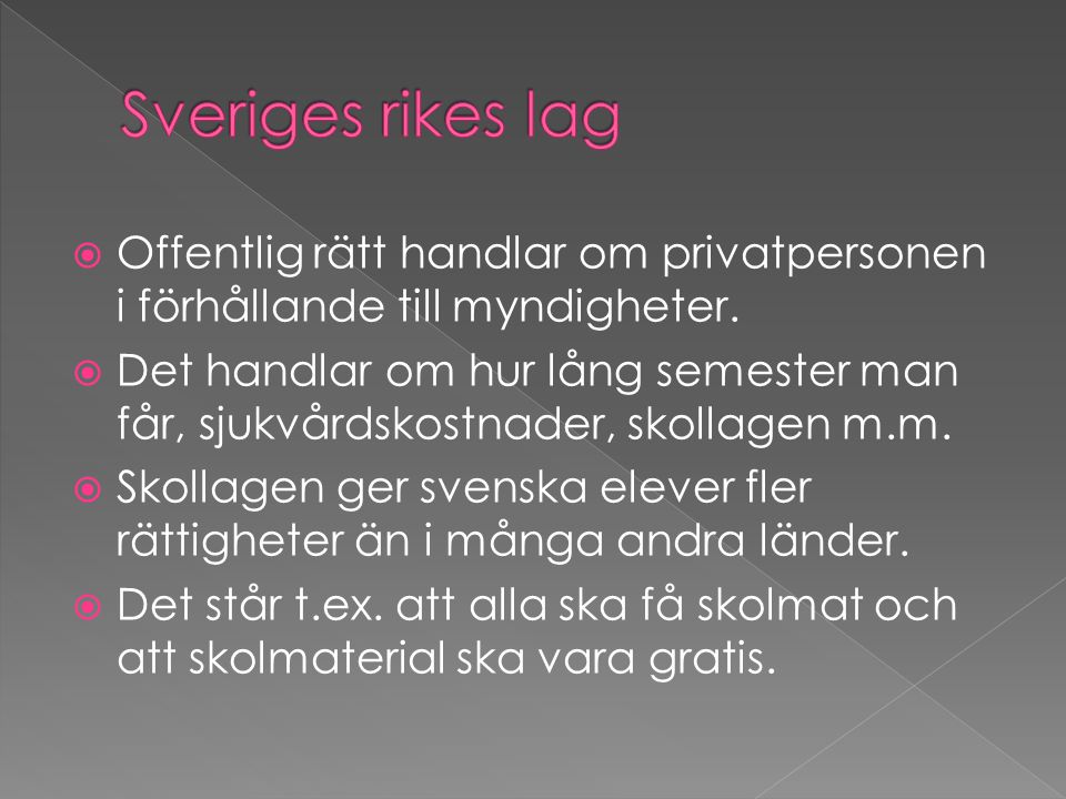 Sveriges rikes lag Offentlig rätt handlar om privatpersonen i förhållande till myndigheter.