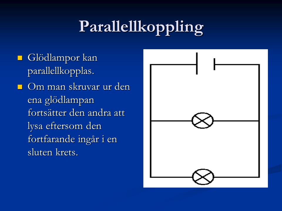 Parallellkoppling Glödlampor kan parallellkopplas.