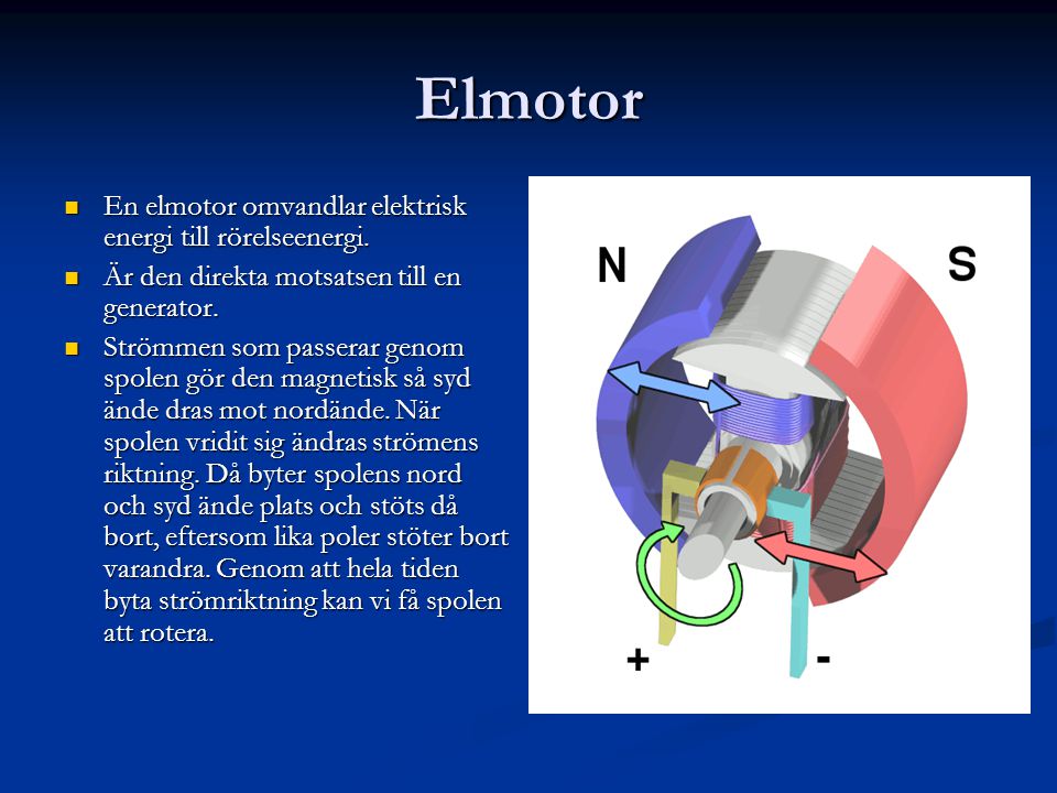Elmotor En elmotor omvandlar elektrisk energi till rörelseenergi.