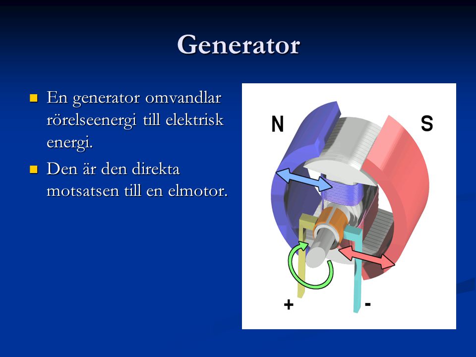 Generator En generator omvandlar rörelseenergi till elektrisk energi.