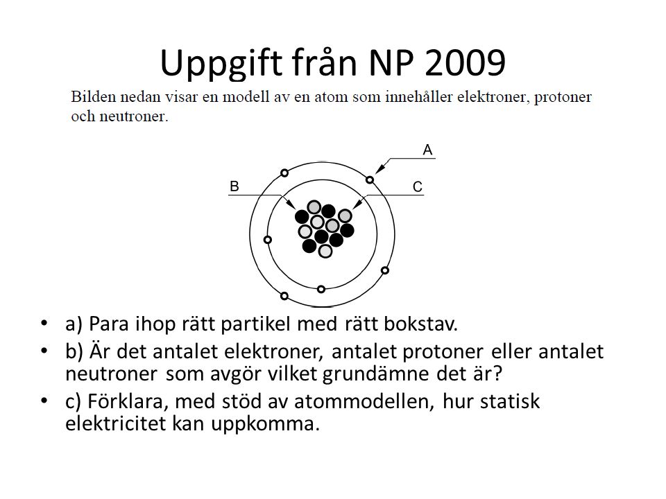 Uppgift från NP 2009 a) Para ihop rätt partikel med rätt bokstav.