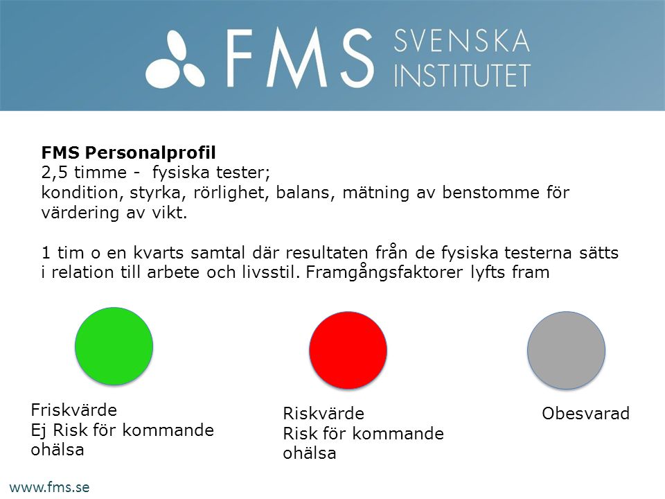 FMS Personalprofil 2,5 timme - fysiska tester; kondition, styrka, rörlighet, balans, mätning av benstomme för värdering av vikt.