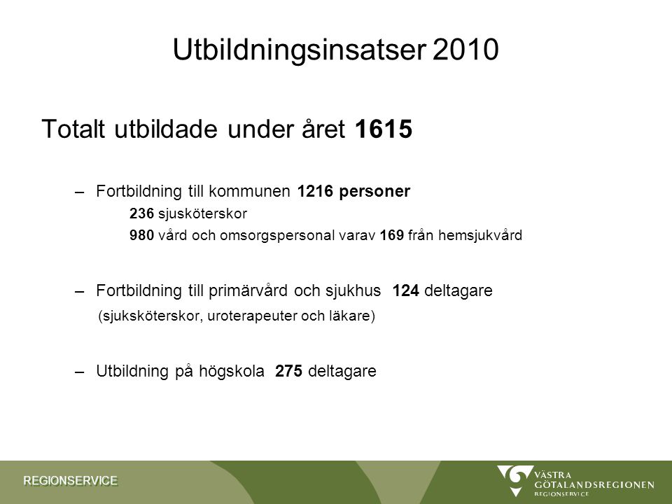 Utbildningsinsatser 2010 Totalt utbildade under året 1615