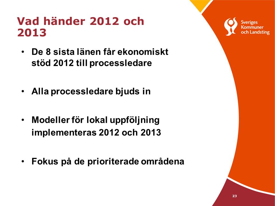 Vad händer 2012 och 2013 De 8 sista länen får ekonomiskt stöd 2012 till processledare. Alla processledare bjuds in.