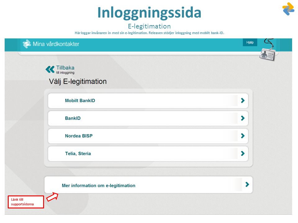 Inloggningssida E-legitimation Här loggar invånaren in med sin e-legitimation. Releasen stödjer inloggning med mobilt bank-ID.