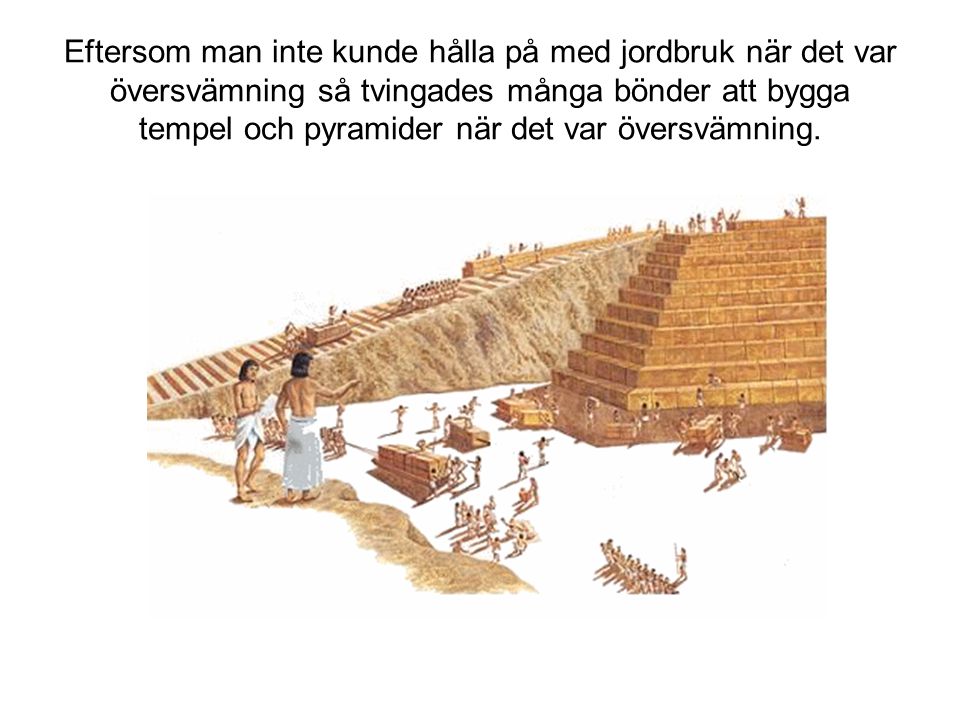 Eftersom man inte kunde hålla på med jordbruk när det var översvämning så tvingades många bönder att bygga tempel och pyramider när det var översvämning.