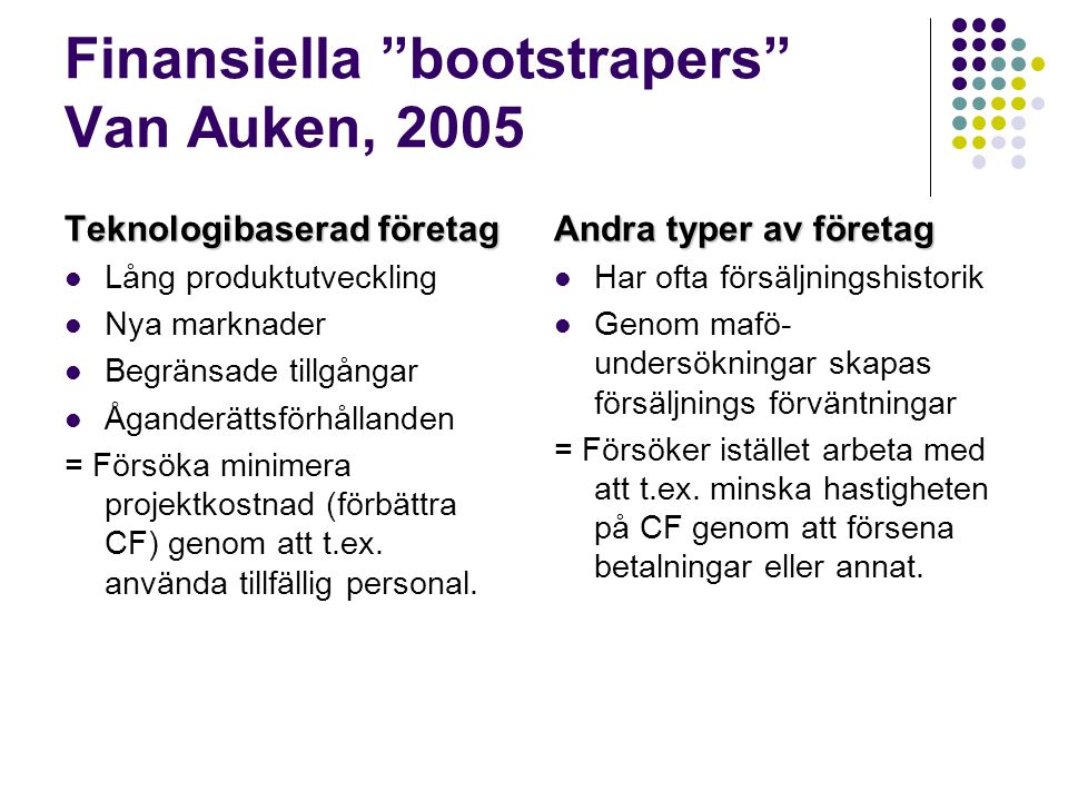 Finansiella bootstrapers Van Auken, 2005