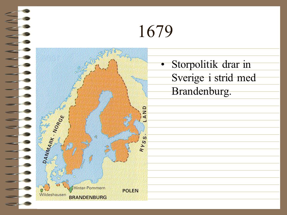 1679 Storpolitik drar in Sverige i strid med Brandenburg.
