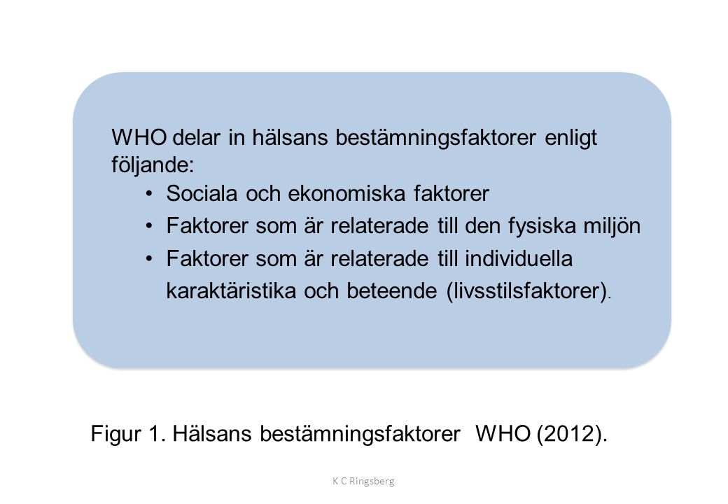 WHO delar in hälsans bestämningsfaktorer enligt följande: