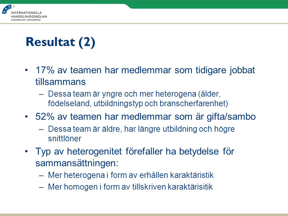 Resultat (2) 17% av teamen har medlemmar som tidigare jobbat tillsammans.