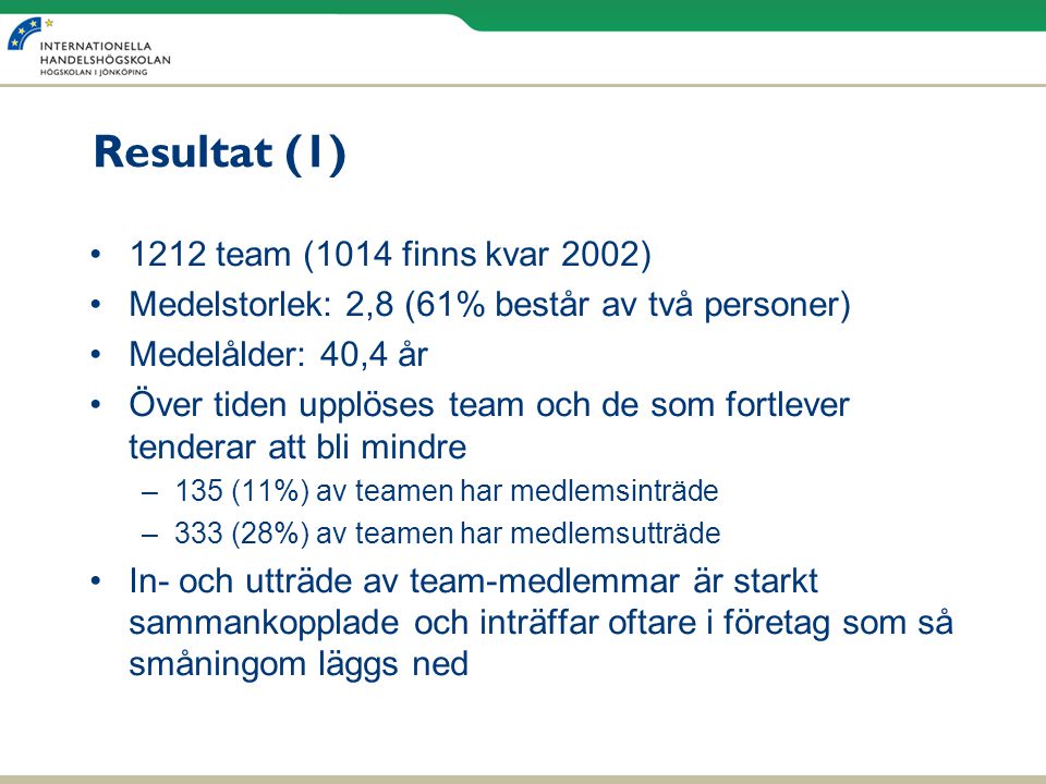 Resultat (1) 1212 team (1014 finns kvar 2002)
