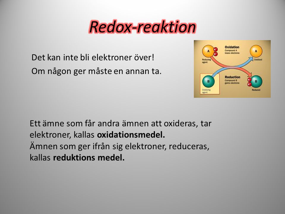 Redox-reaktion Det kan inte bli elektroner över! Om någon ger måste en annan ta.