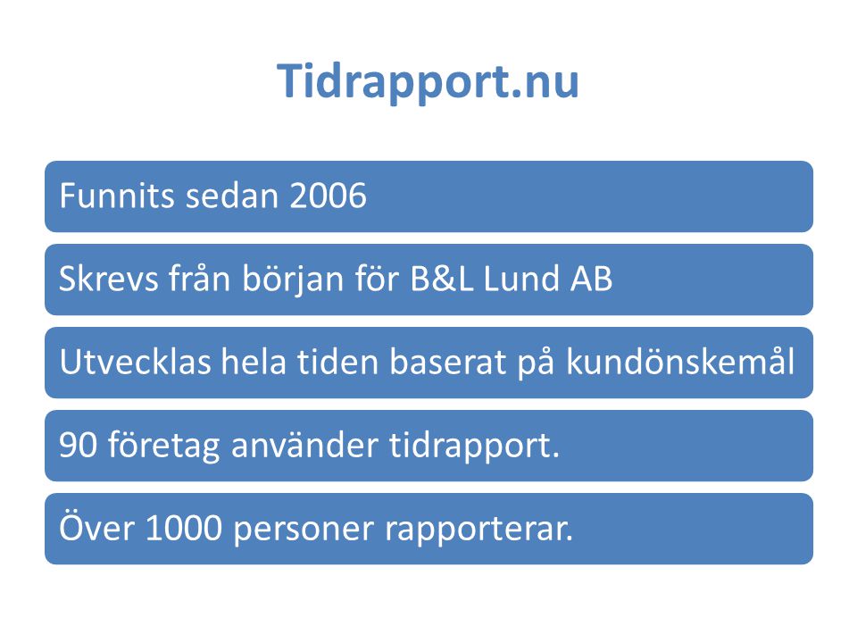 Tidrapport.nu Funnits sedan 2006 Skrevs från början för B&L Lund AB