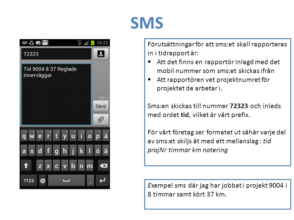 SMS Förutsättningar för att sms:et skall rapporteras in i tidrapport är: