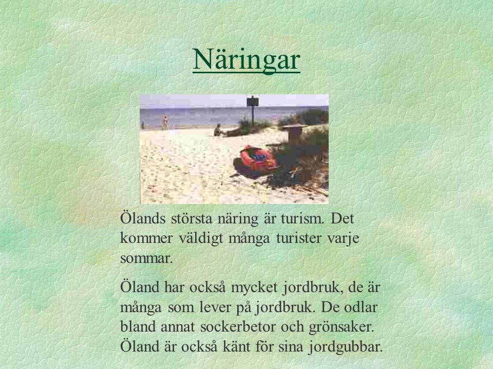 Näringar Ölands största näring är turism. Det kommer väldigt många turister varje sommar.