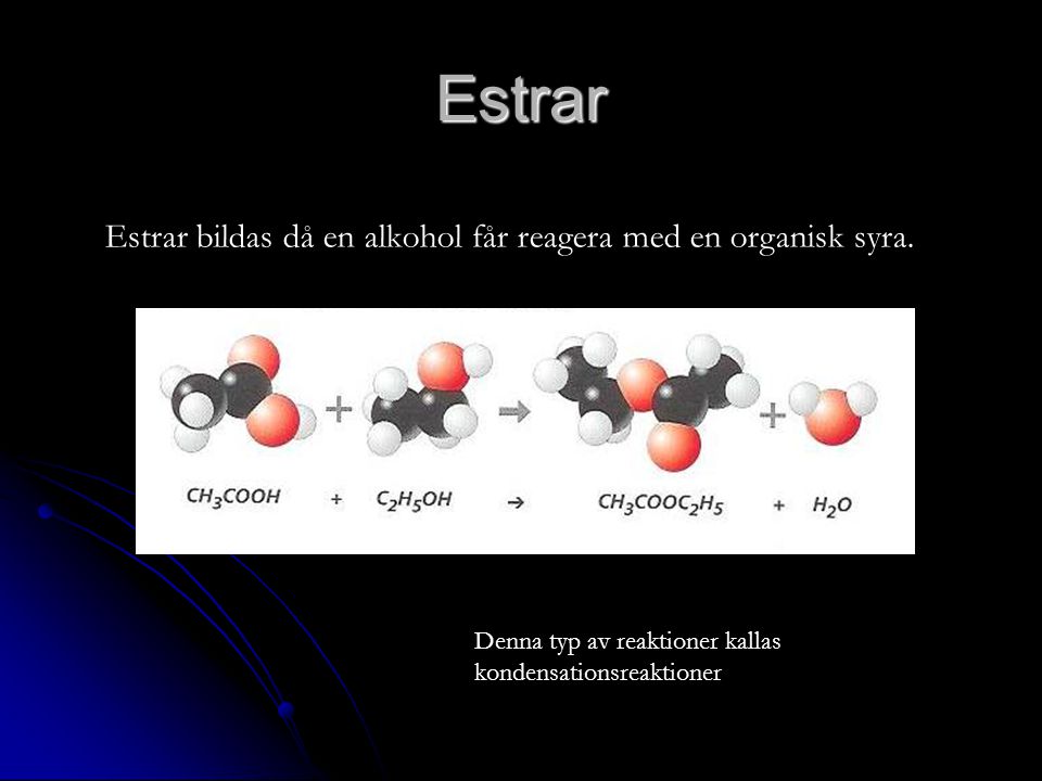 Estrar Estrar bildas då en alkohol får reagera med en organisk syra.
