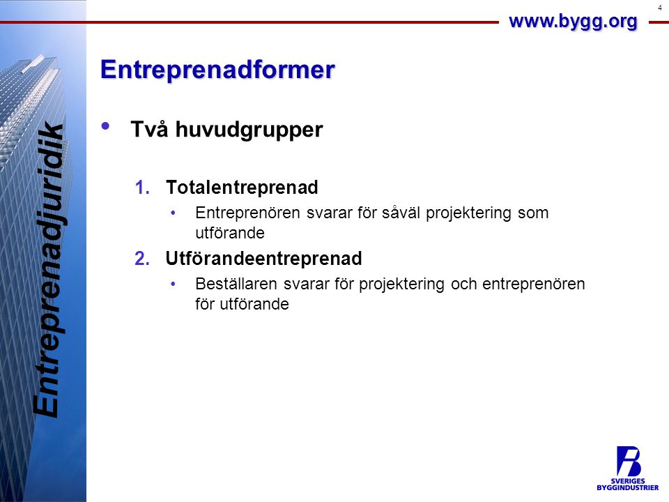 Entreprenadjuridik Entreprenadformer Två huvudgrupper Totalentreprenad