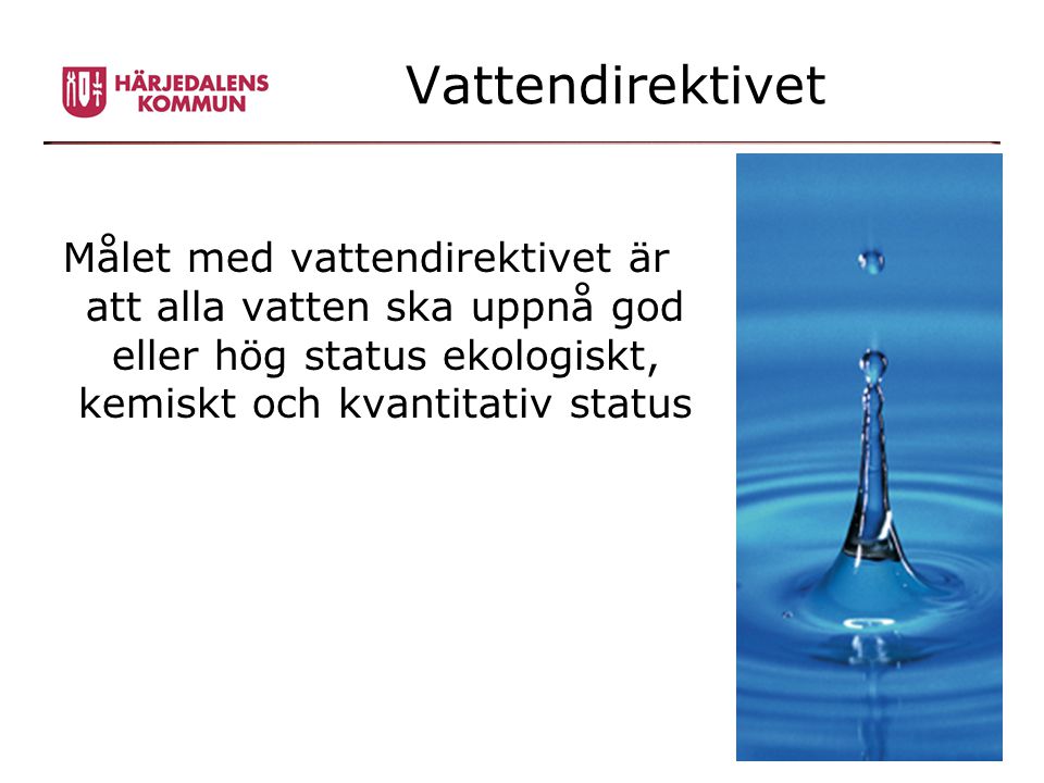 Vattendirektivet Målet med vattendirektivet är att alla vatten ska uppnå god eller hög status ekologiskt, kemiskt och kvantitativ status.
