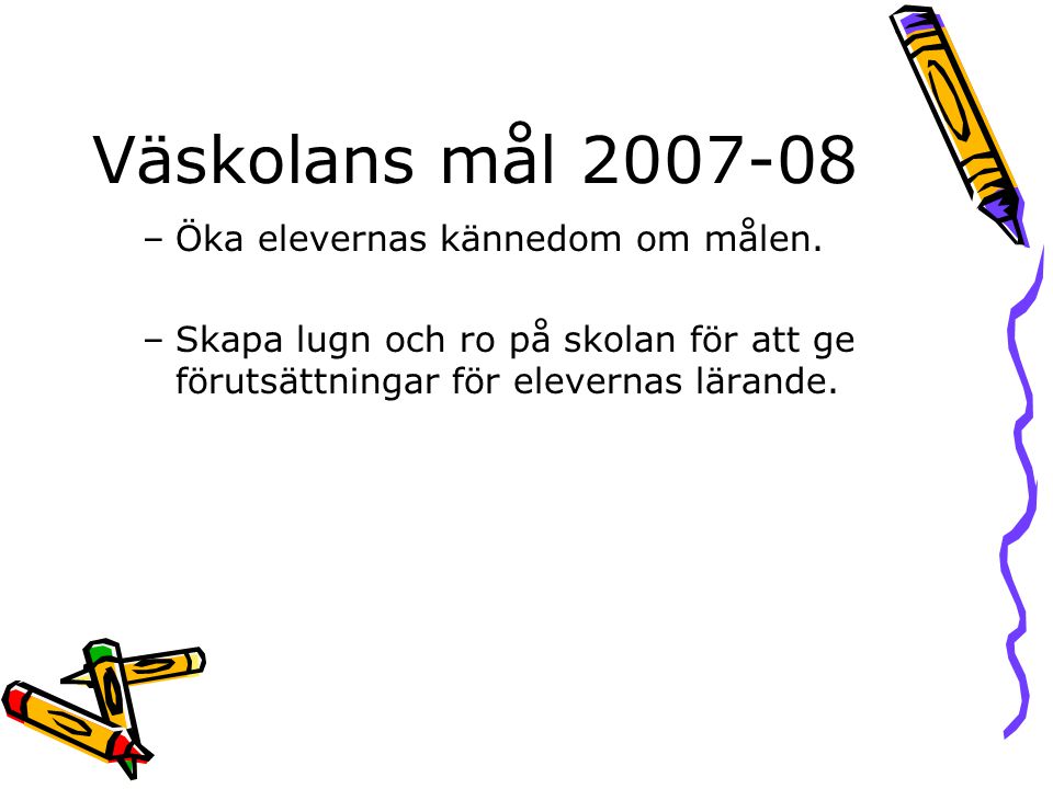 Väskolans mål Öka elevernas kännedom om målen.