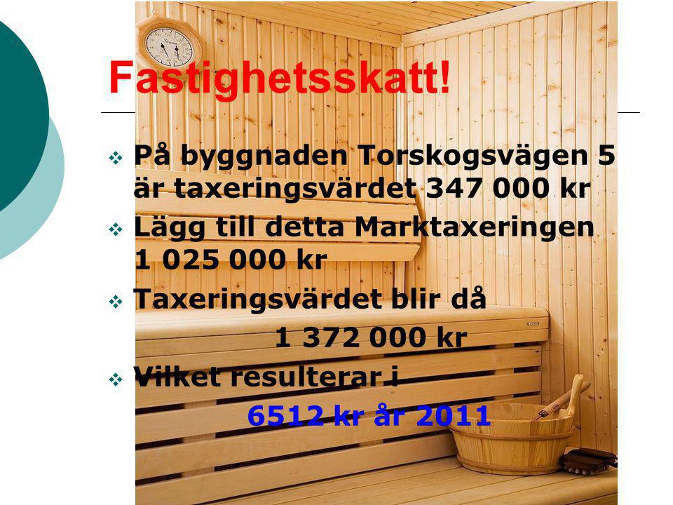 Fastighetsskatt! På byggnaden Torskogsvägen 5 är taxeringsvärdet kr. Lägg till detta Marktaxeringen kr.