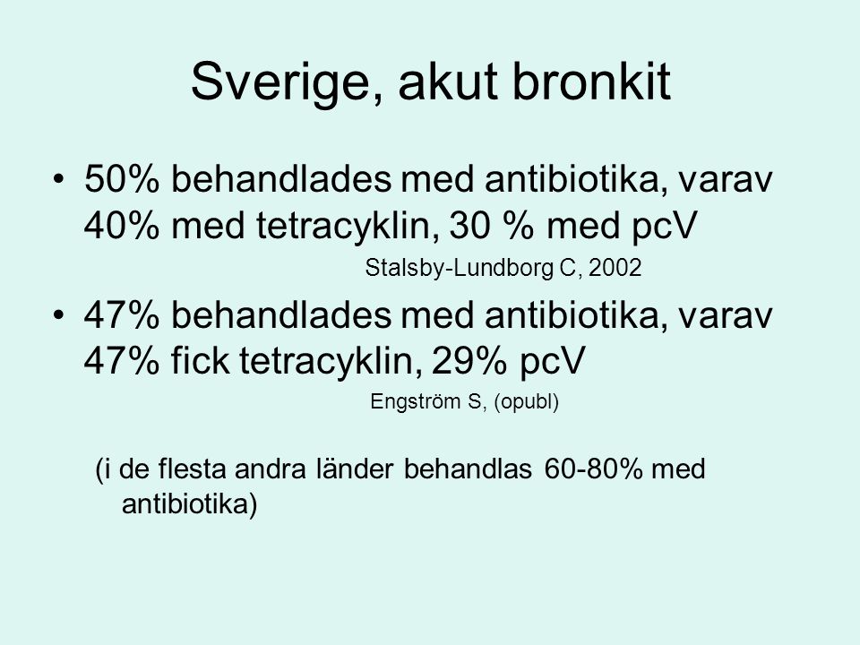 Sverige, akut bronkit 50% behandlades med antibiotika, varav 40% med tetracyklin, 30 % med pcV. Stalsby-Lundborg C,