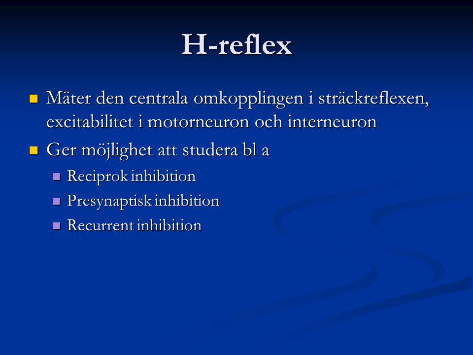 H-reflex Mäter den centrala omkopplingen i sträckreflexen, excitabilitet i motorneuron och interneuron.