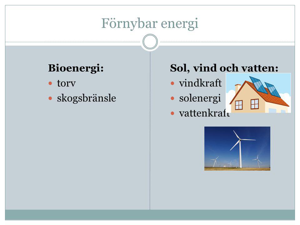 Förnybar energi Bioenergi: torv skogsbränsle Sol, vind och vatten:
