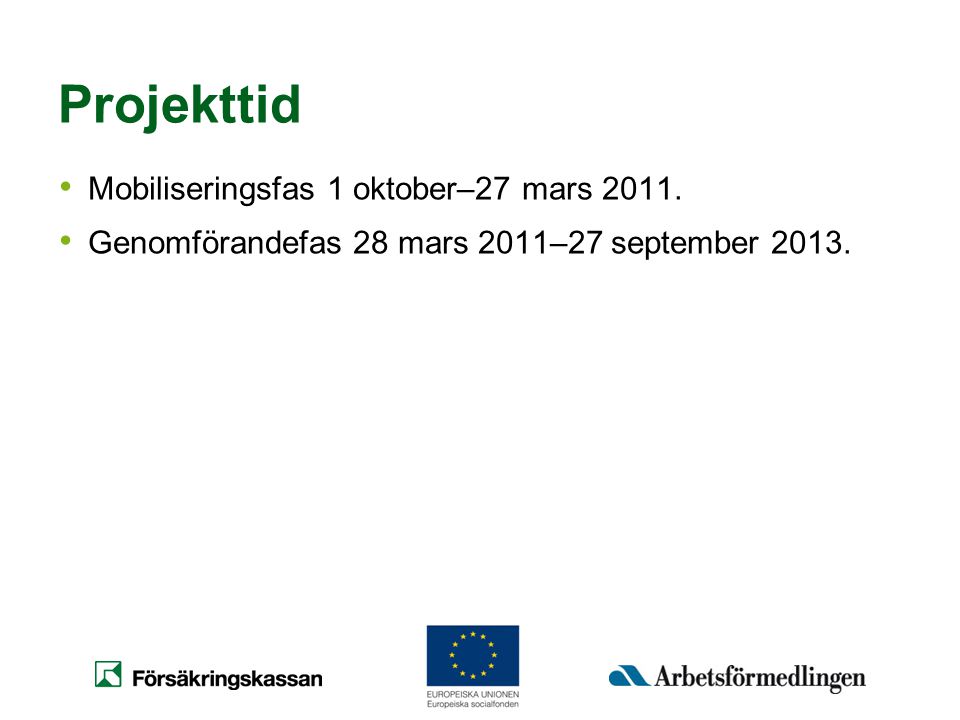 Projekttid Mobiliseringsfas 1 oktober–27 mars 2011.
