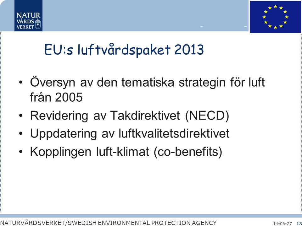 EU:s luftvårdspaket 2013 Översyn av den tematiska strategin för luft från Revidering av Takdirektivet (NECD)