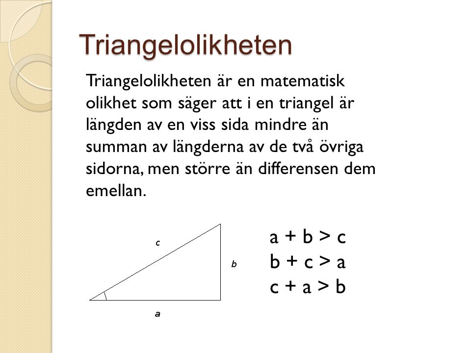 Triangelolikheten a + b > c b + c > a c + a > b