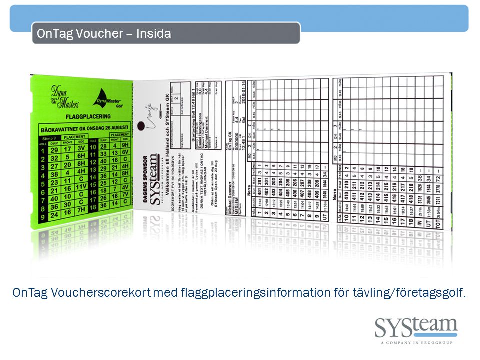 OnTag Voucher – Insida OnTag Voucherscorekort med flaggplaceringsinformation för tävling/företagsgolf.
