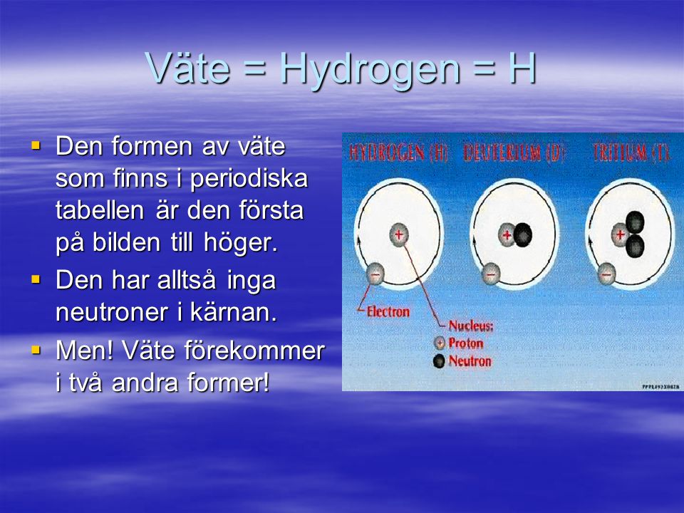 Väte = Hydrogen = H Den formen av väte som finns i periodiska tabellen är den första på bilden till höger.