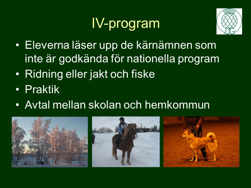 IV-program Eleverna läser upp de kärnämnen som inte är godkända för nationella program. Ridning eller jakt och fiske.