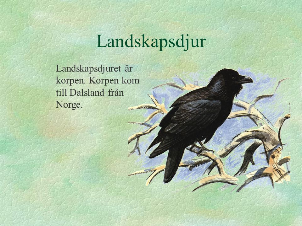 Landskapsdjur Landskapsdjuret är korpen. Korpen kom till Dalsland från Norge.