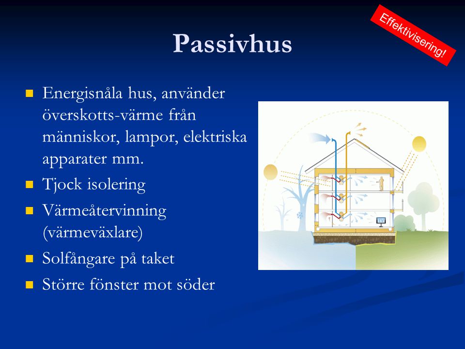 Passivhus Effektivisering! Energisnåla hus, använder överskotts-värme från människor, lampor, elektriska apparater mm.
